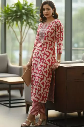 Women Printed Regular Thread Work Kurta with Trousers & With Dupatta