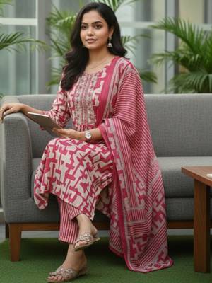 Women Printed Regular Thread Work Kurta with Trousers & With Dupatta 4