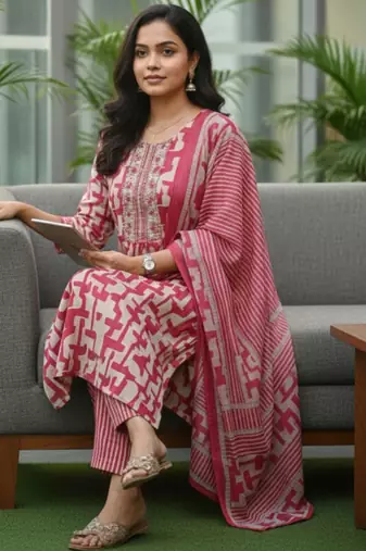 Women Printed Regular Thread Work Kurta with Trousers & With Dupatta