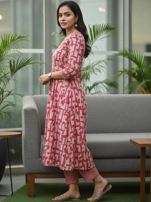Women Printed Regular Thread Work Kurta with Trousers & With Dupatta 5