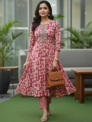 Women Printed Regular Thread Work Kurta with Trousers & With Dupatta 6