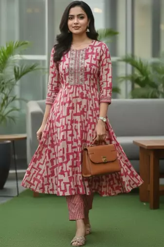 Women Printed Regular Thread Work Kurta with Trousers & With Dupatta