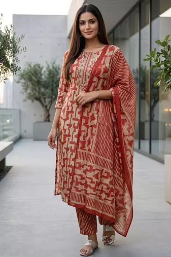 Women Printed Regular Kurta with Trousers & With Dupatta
