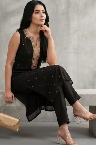 Women Ethnic Motifs Embroidered Regular Sequinned Kurta with Trousers