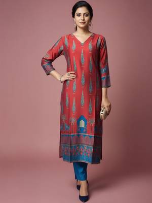 Women Ethnic Motifs Printed Regular Chanderi Silk Kurta with Trousers 1