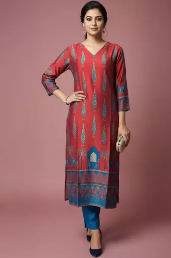 Women Ethnic Motifs Printed Regular Chanderi Silk Kurta with Trousers