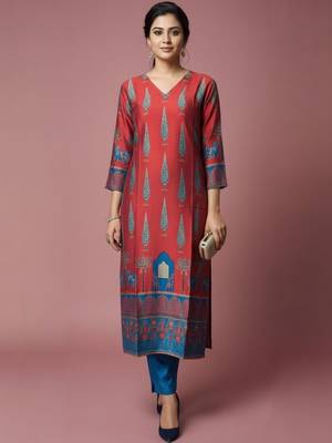 Women Ethnic Motifs Printed Regular Chanderi Silk Kurta with Trousers 2