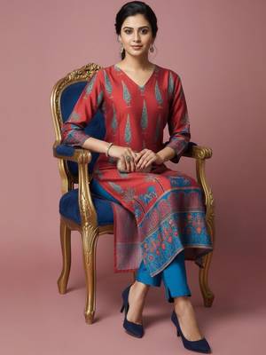 Women Ethnic Motifs Printed Regular Chanderi Silk Kurta with Trousers 3