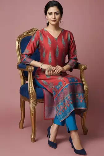 Women Ethnic Motifs Printed Regular Chanderi Silk Kurta with Trousers