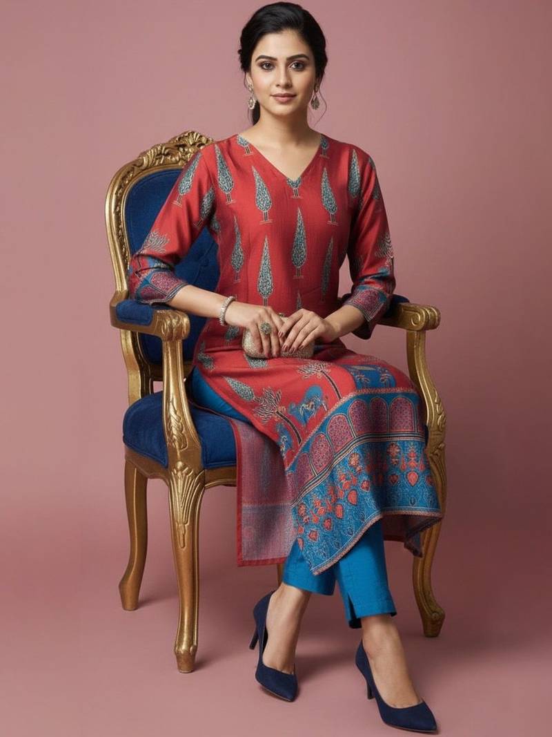 Women Ethnic Motifs Printed Regular Chanderi Silk Kurta with Trousers
