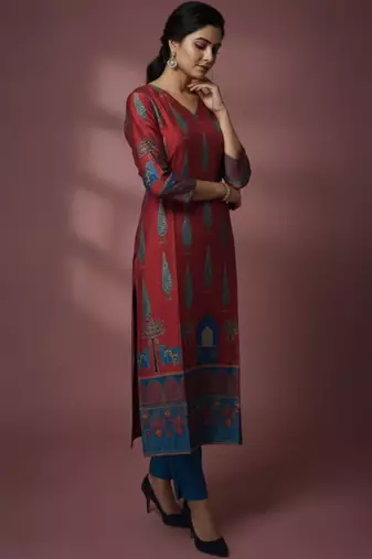 Women Ethnic Motifs Printed Regular Chanderi Silk Kurta with Trousers