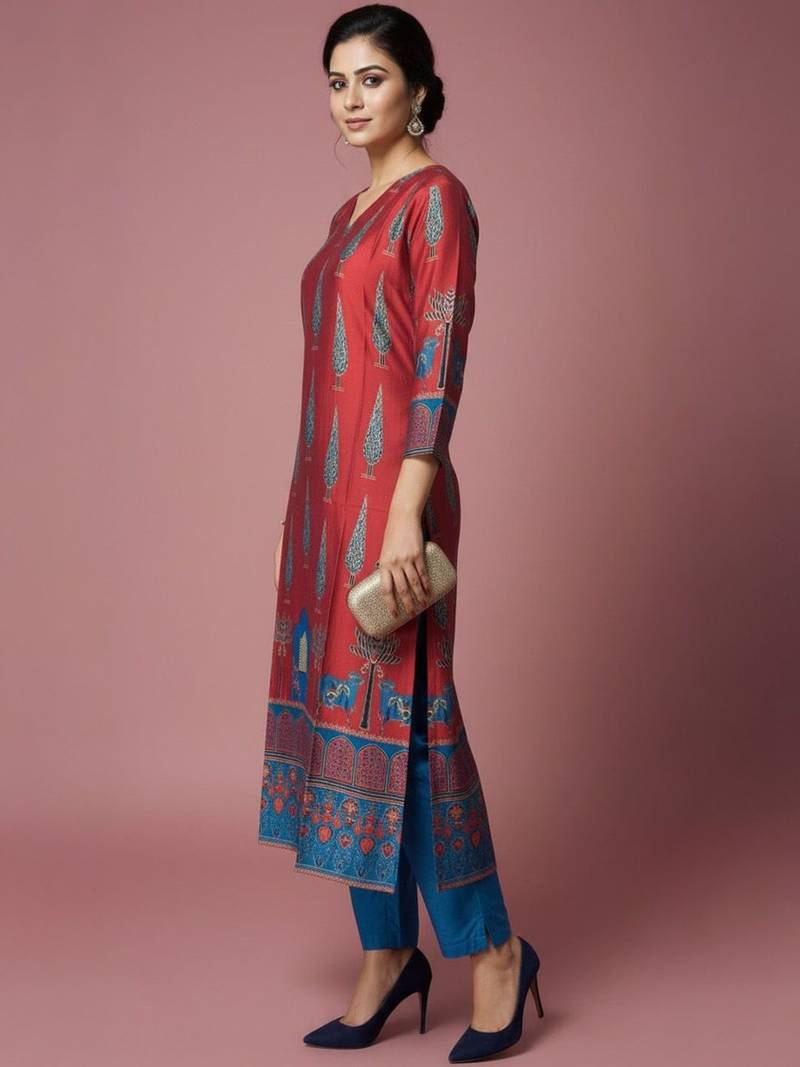 Women Ethnic Motifs Printed Regular Chanderi Silk Kurta with Trousers