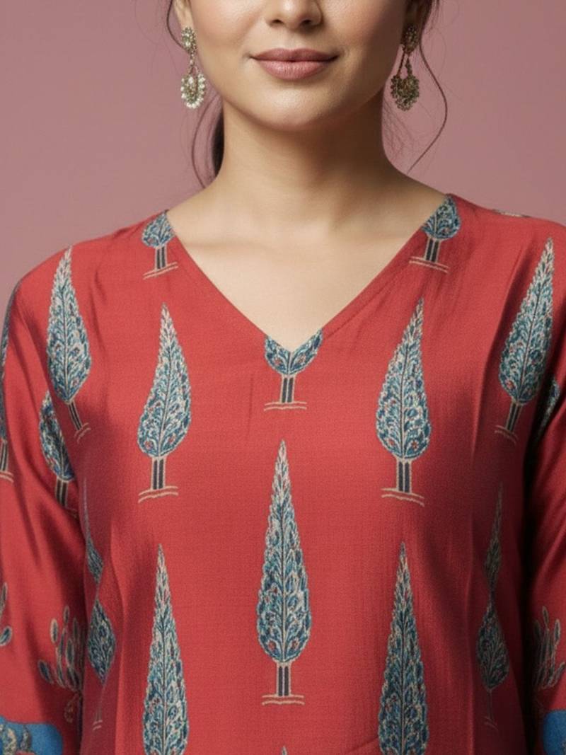 Women Ethnic Motifs Printed Regular Chanderi Silk Kurta with Trousers
