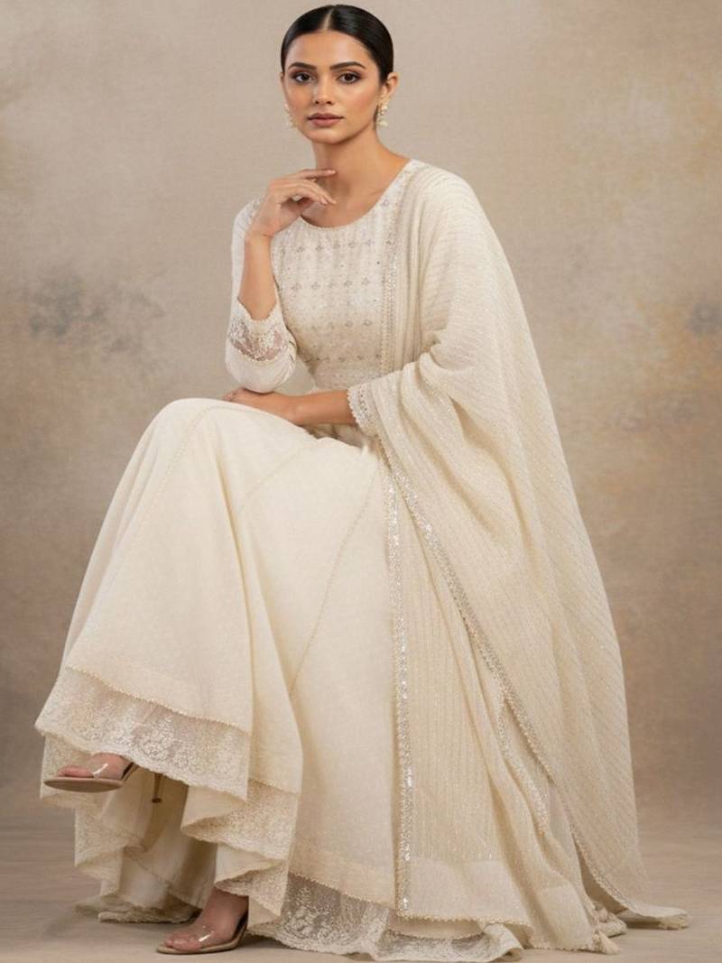 Women Ethnic Motifs Embroidered Panelled Sequinned Pure Cotton Kurta with Trousers & With Dupatta