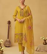 Women Floral Embroidered Regular Thread Work Pure Cotton Kurta with Trousers & With Dupatta