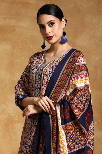 Floral Printed V-Neck Straight Kurta With Trousers And Dupatta