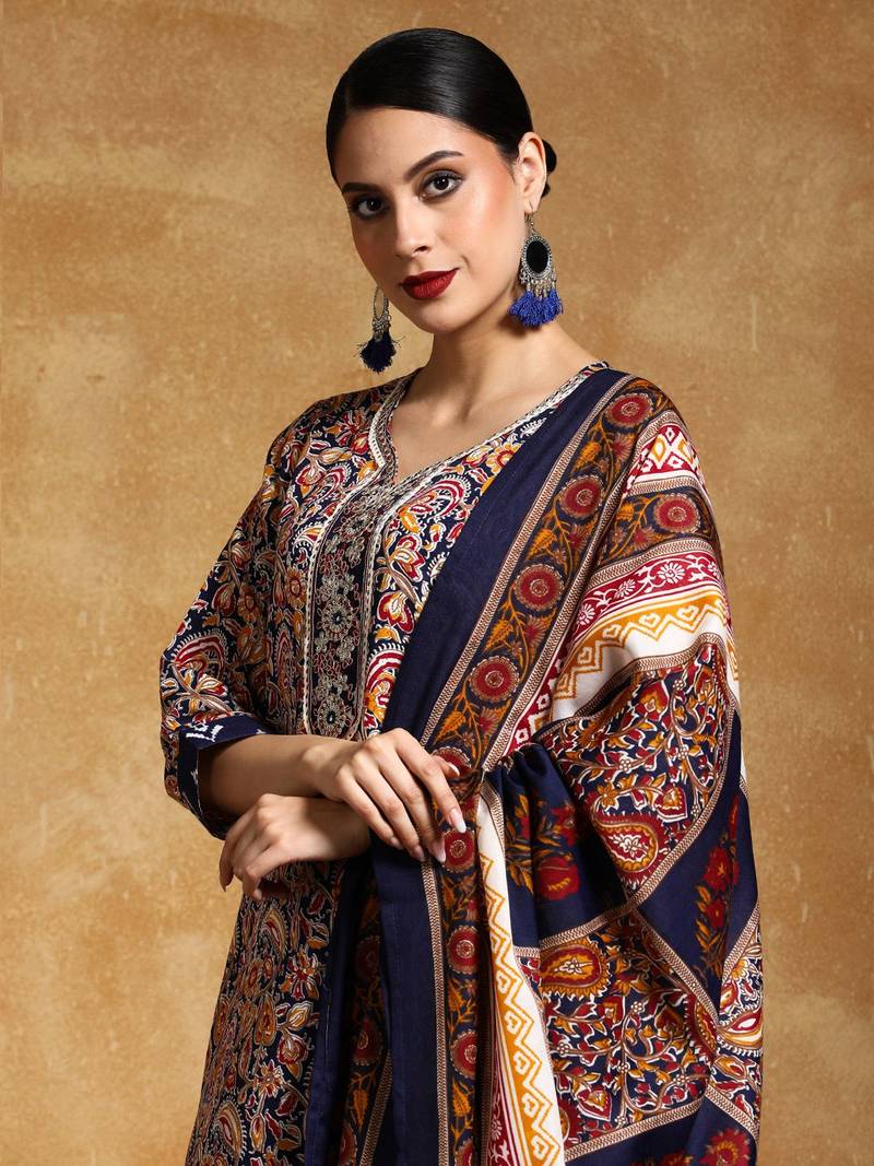 Floral Printed V-Neck Straight Kurta With Trousers And Dupatta