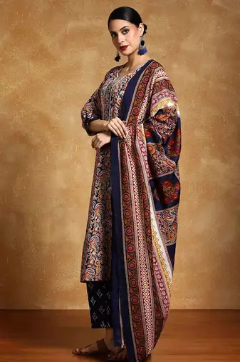 Floral Printed V-Neck Straight Kurta With Trousers And Dupatta