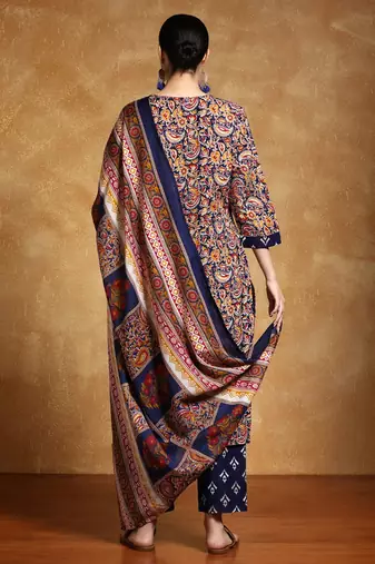 Floral Printed V-Neck Straight Kurta With Trousers And Dupatta