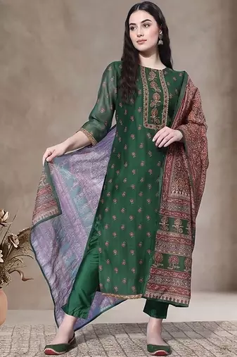 Women Ethnic Motifs Printed Regular Thread Work Chanderi Silk Kurta with Trousers & With Dupatta