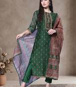 Women Ethnic Motifs Printed Regular Thread Work Chanderi Silk Kurta with Trousers & With Dupatta