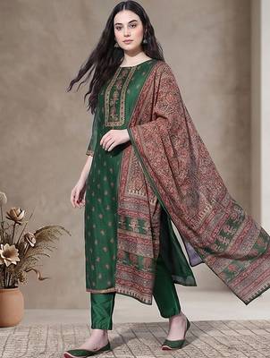 Women Ethnic Motifs Printed Regular Thread Work Chanderi Silk Kurta with Trousers & With Dupatta 2
