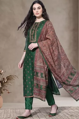 Women Ethnic Motifs Printed Regular Thread Work Chanderi Silk Kurta with Trousers & With Dupatta