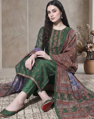 Women Ethnic Motifs Printed Regular Thread Work Chanderi Silk Kurta with Trousers & With Dupatta 6