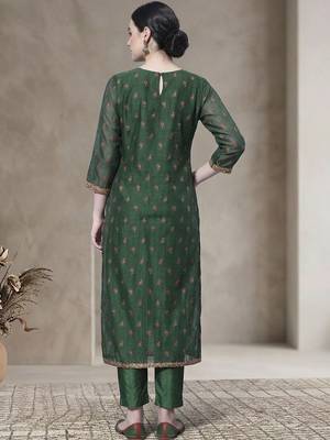 Women Ethnic Motifs Printed Regular Thread Work Chanderi Silk Kurta with Trousers & With Dupatta 7