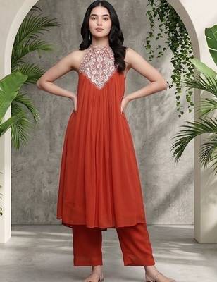 Women Ethnic Motifs Embroidered Regular Thread Work Silk Georgette Kurta with Palazzos 1