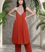 Women Ethnic Motifs Embroidered Regular Thread Work Silk Georgette Kurta with Palazzos