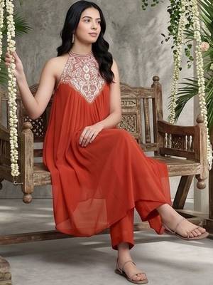 Women Ethnic Motifs Embroidered Regular Thread Work Silk Georgette Kurta with Palazzos 6
