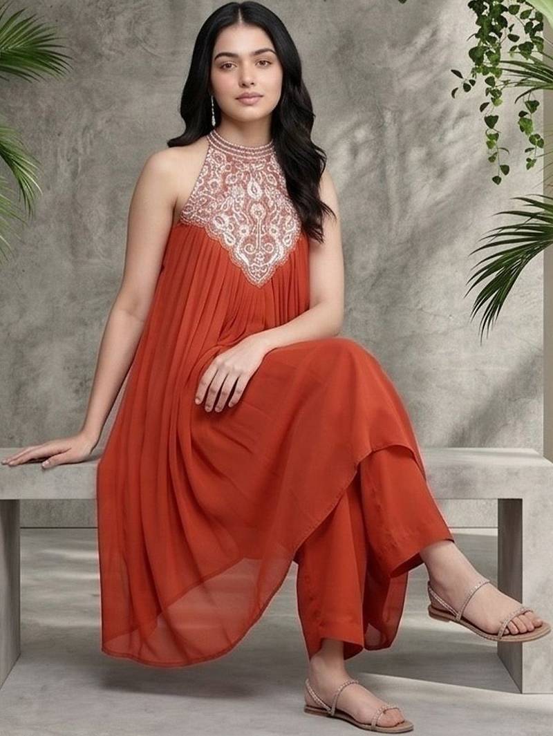 Women Ethnic Motifs Embroidered Regular Thread Work Silk Georgette Kurta with Palazzos