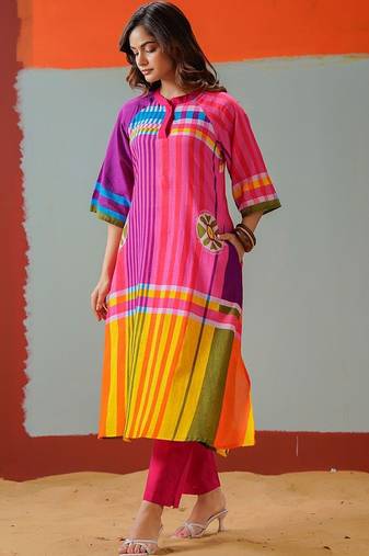 Women Striped Regular Kurta with Trousers