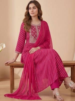 Women Ethnic Motifs Printed Regular Thread Work Kurta with Trousers & With Dupatta 2