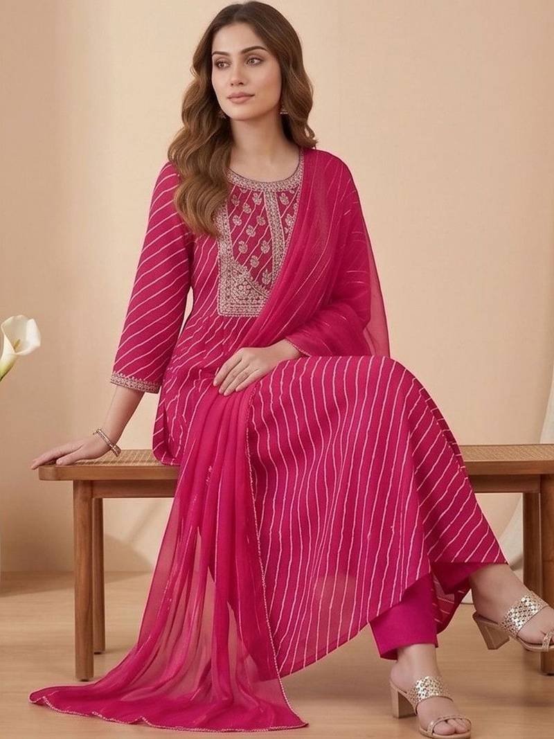 Women Ethnic Motifs Printed Regular Thread Work Kurta with Trousers & With Dupatta