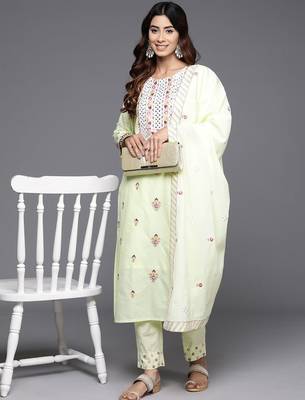 Women Floral Embroidered Regular Mirror Work Pure Cotton Kurta with Trousers & With Dupatta 1