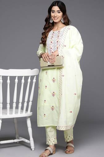 Women Floral Embroidered Regular Mirror Work Pure Cotton Kurta with Trousers & With Dupatta