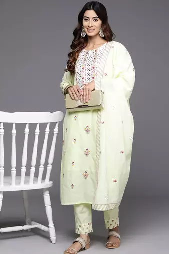 Women Floral Embroidered Regular Mirror Work Pure Cotton Kurta with Trousers & With Dupatta