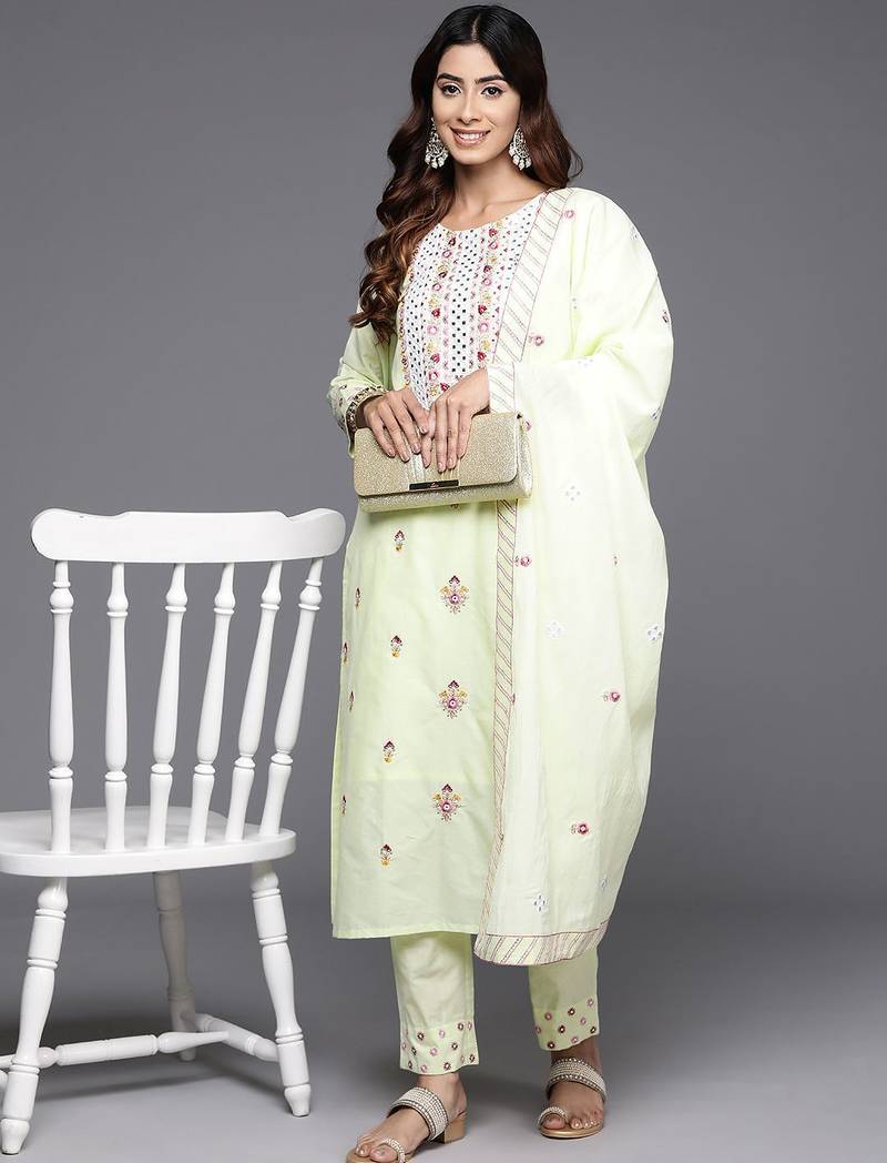 Women Floral Embroidered Regular Mirror Work Pure Cotton Kurta with Trousers & With Dupatta