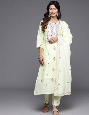 Women Floral Embroidered Regular Mirror Work Pure Cotton Kurta with Trousers & With Dupatta 5