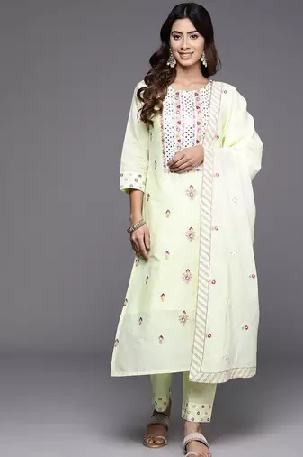 Women Floral Embroidered Regular Mirror Work Pure Cotton Kurta with Trousers & With Dupatta