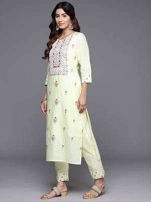 Women Floral Embroidered Regular Mirror Work Pure Cotton Kurta with Trousers & With Dupatta 6