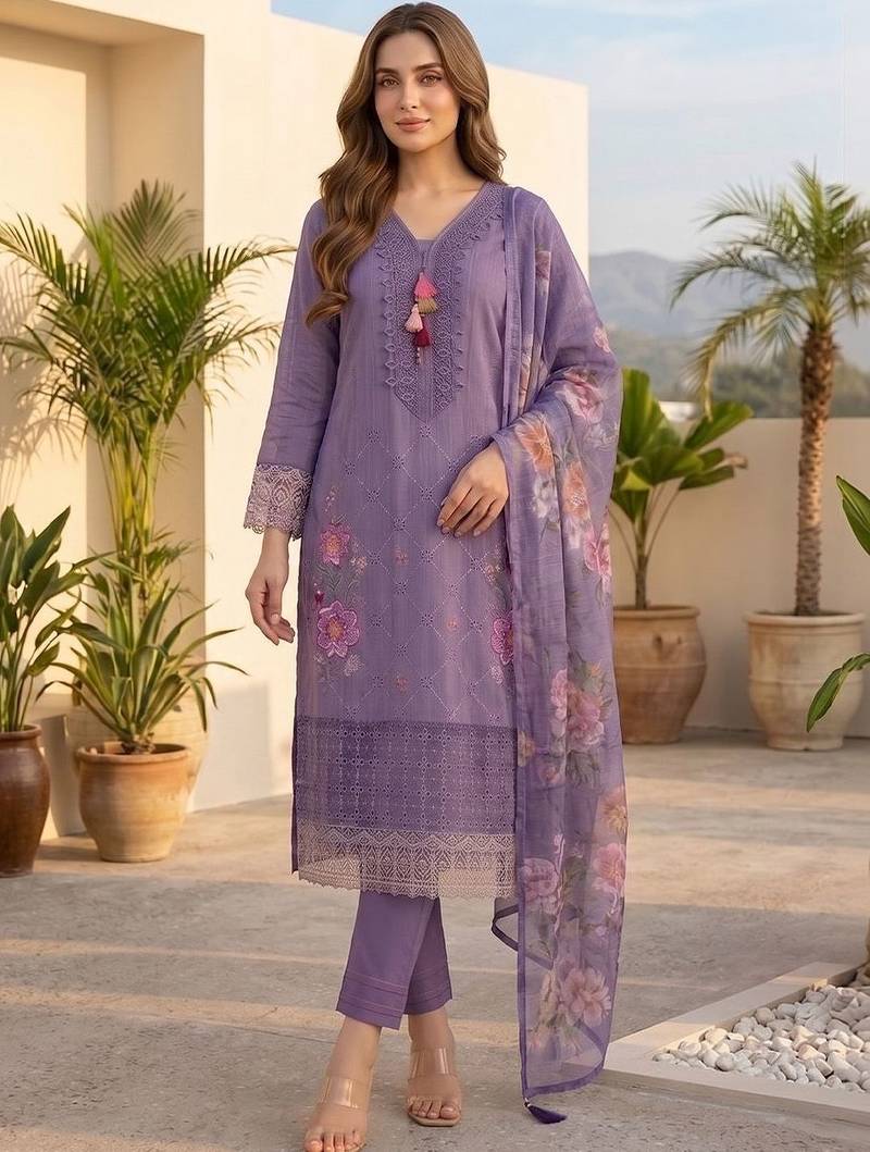 Women Floral Embroidered Regular Thread Work Pure Cotton Kurta with Trousers & With Dupatta