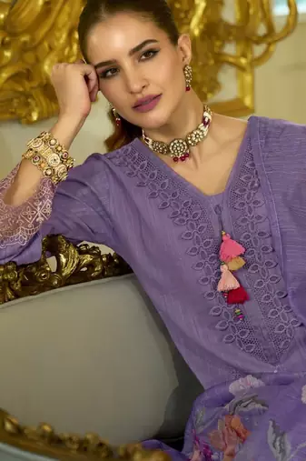 Nazrana Floral Thread Embroidered Schiffli Orangza Lace Kurta Trouser & Dupatta