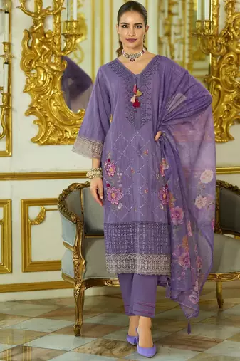 Nazrana Floral Thread Embroidered Schiffli Orangza Lace Kurta Trouser & Dupatta