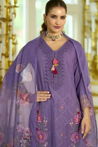 Nazrana Floral Thread Embroidered Schiffli Orangza Lace Kurta Trouser & Dupatta