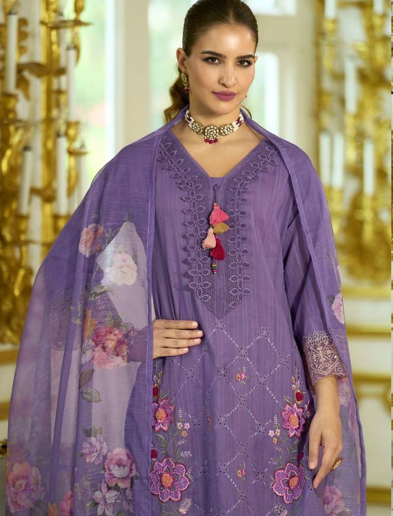 Nazrana Floral Thread Embroidered Schiffli Orangza Lace Kurta Trouser & Dupatta