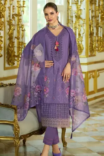 Nazrana Floral Thread Embroidered Schiffli Orangza Lace Kurta Trouser & Dupatta