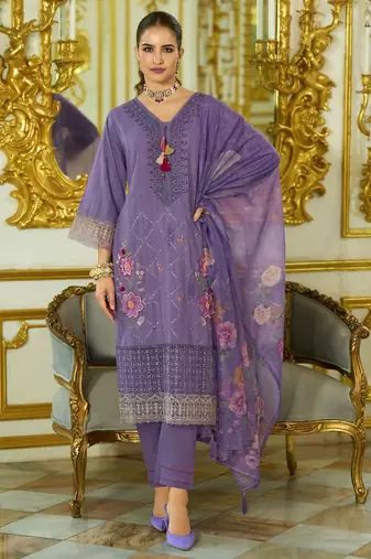 Nazrana Floral Thread Embroidered Schiffli Orangza Lace Kurta Trouser & Dupatta